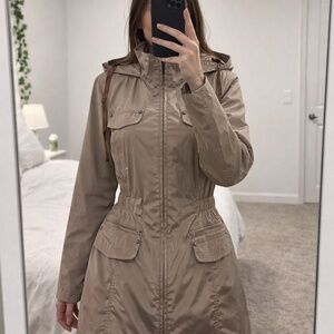 LBD Laundry by Design Taupe Utility Jacket | Cinched Waist Hooded Anorak | S